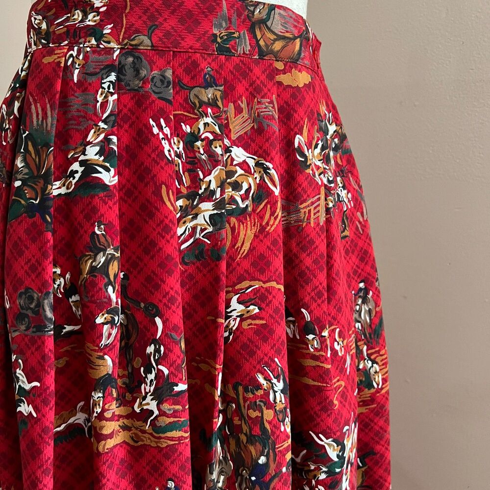 Vintage Leslie Fay Red Equestrian Horse Print Midi Skirt Derby Prairie Size 8P - Picture 2 of 12